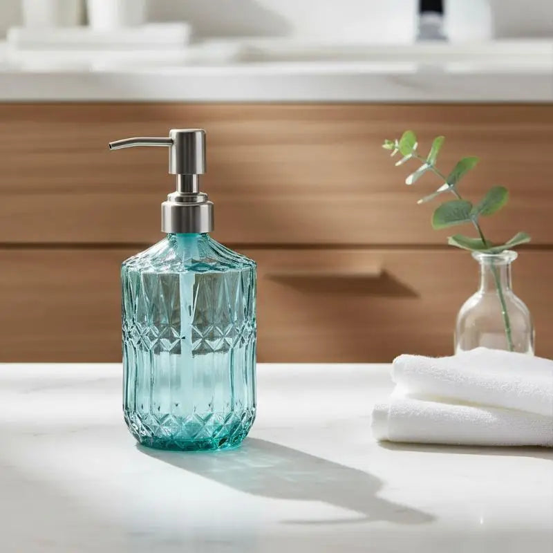 Diamond Textured Glass Hand Soap Dispenser Rustproof Pump for Bathroom Kitchen Countertop Decorative Storage Jar