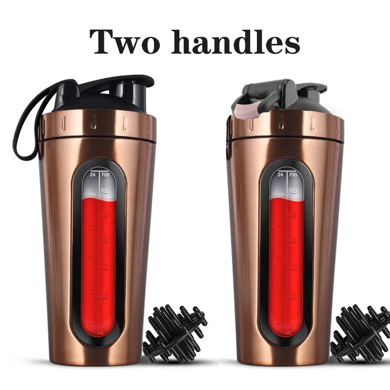 1Pc Stainless Steel Sports Water Mugs Shaker Bottles With Scale, Outdoor Gym Fitness Shake Cup Protein Powder Mixer Bottle 700ML