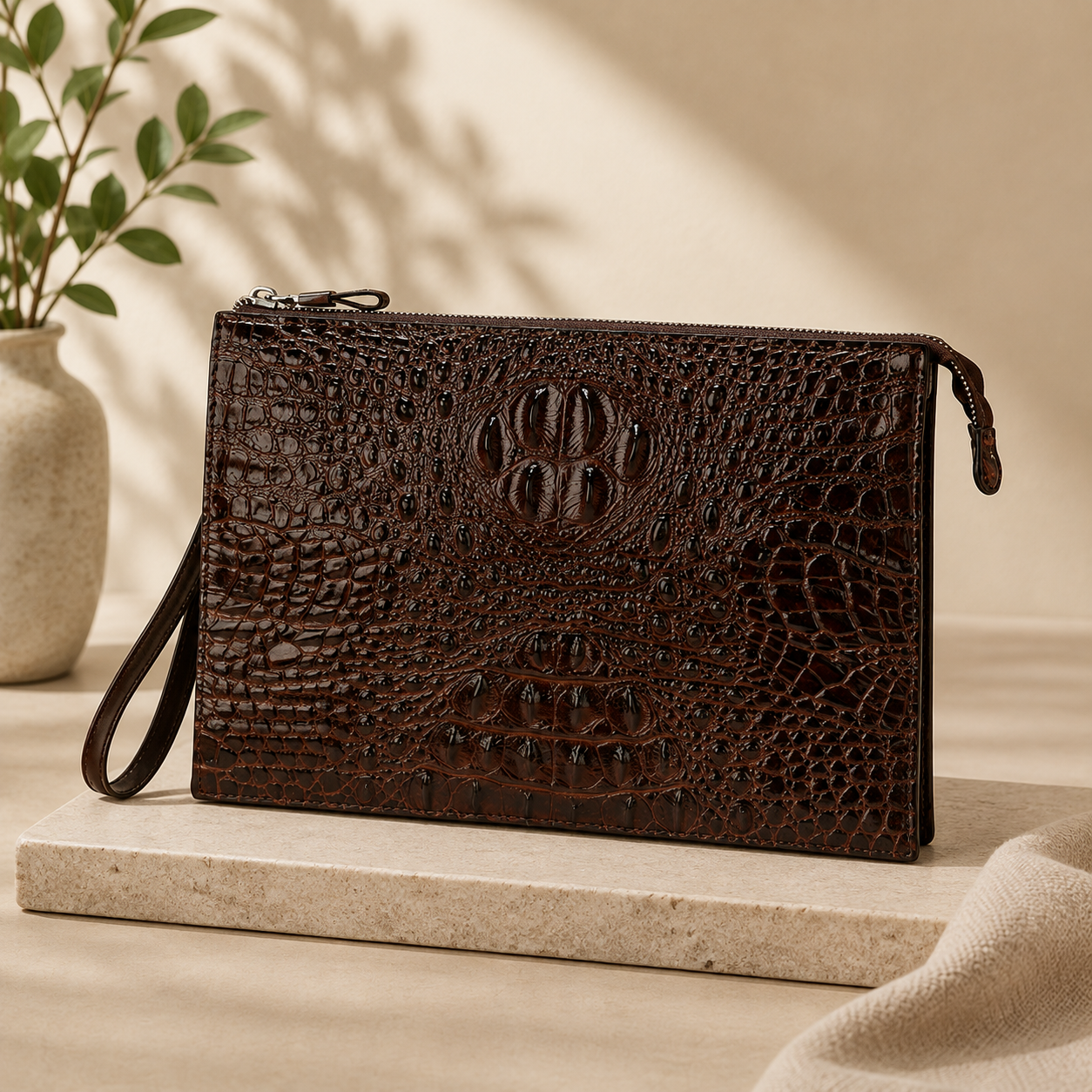 Men's Genuine Leather Underarm Bag – Crocodile Embossed Cowhide Clutch with Zipper