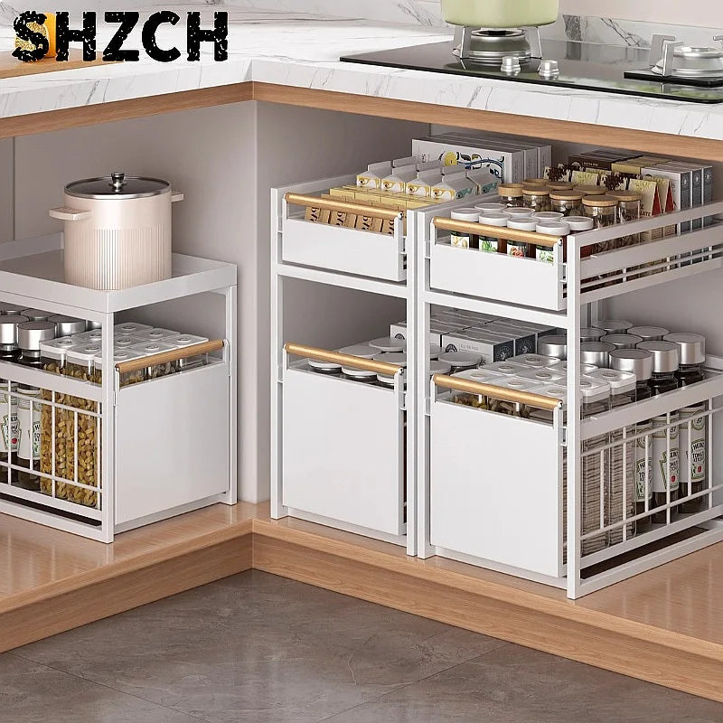 Stainless Steel Under-Sink Storage Rack Multi-Layer Pull-Out Organizer Kitchen Cabinet Basket Heavy-Duty Design