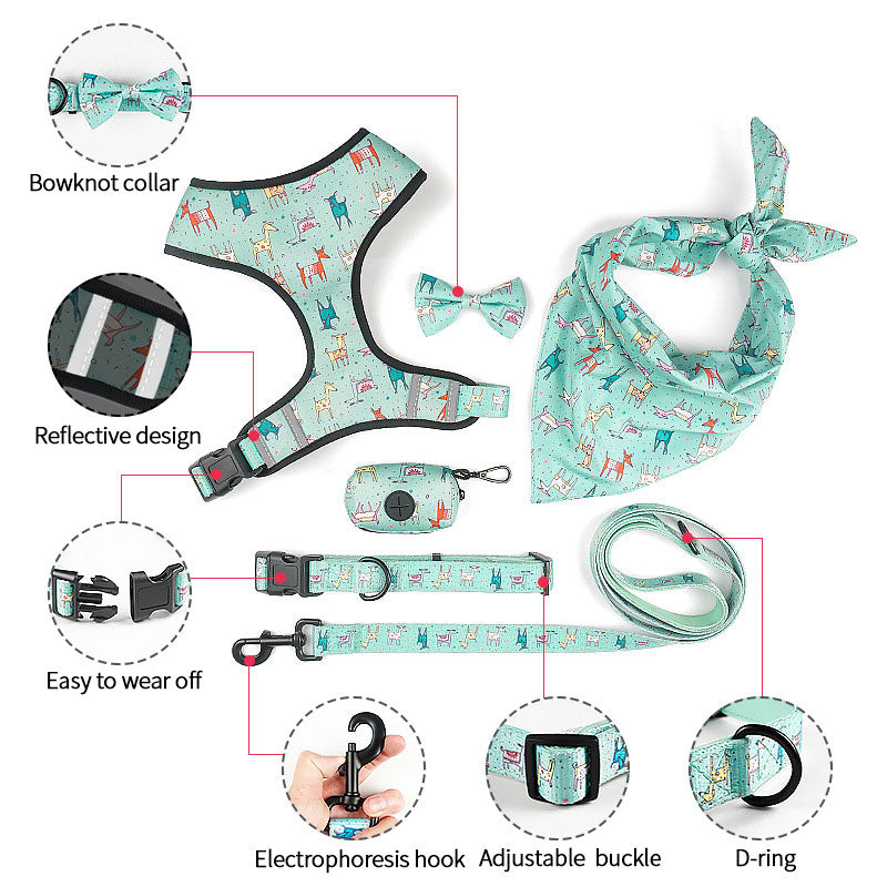 Printed 6-Piece Pet Harness & Leash Set – Adjustable Polyester Harness for Cats & Small Dogs