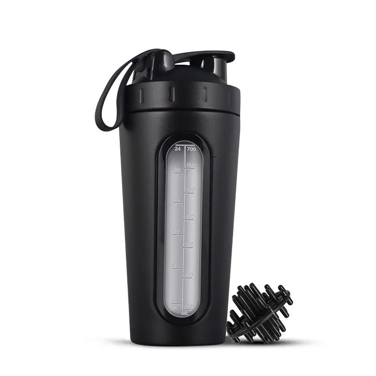 1Pc Stainless Steel Sports Water Mugs Shaker Bottles With Scale, Outdoor Gym Fitness Shake Cup Protein Powder Mixer Bottle 700ML
