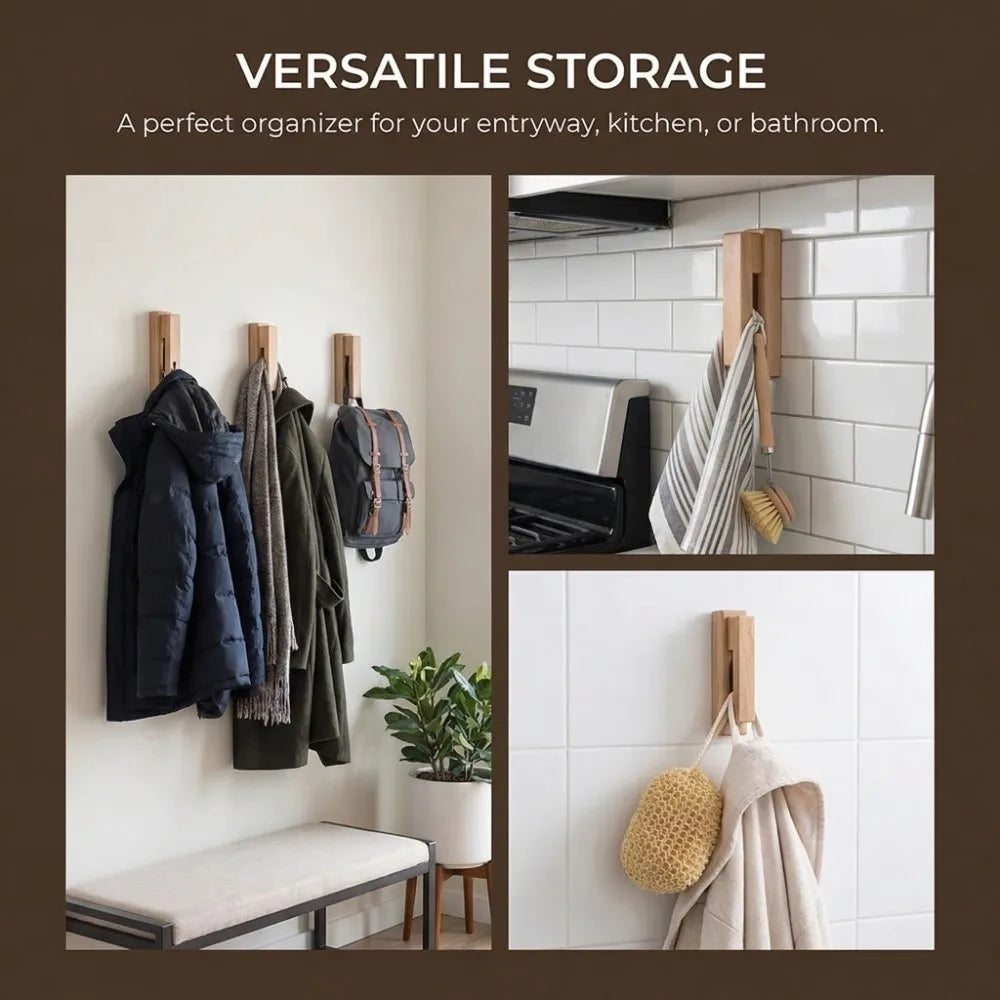 Stable Solid Wood Towel Hook No Drill Traceless Bathroom Organizer Strong Adhesive Durable Kitchen Hook Towel Organize