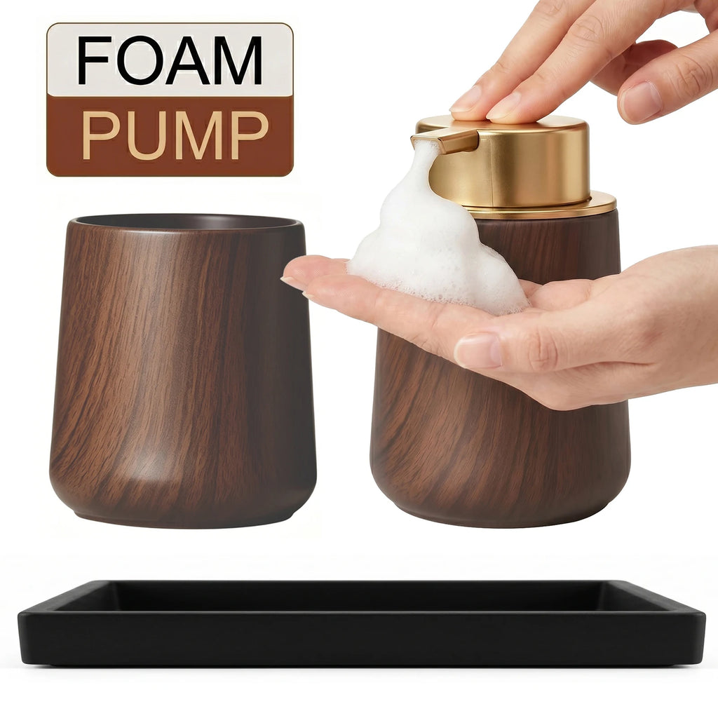 Cotton Lotion Hand Toothpaste Brush Storage Countertop Accessories Walnut Foam Soap Dispenser Bottle Set for Kitchen Bathroom