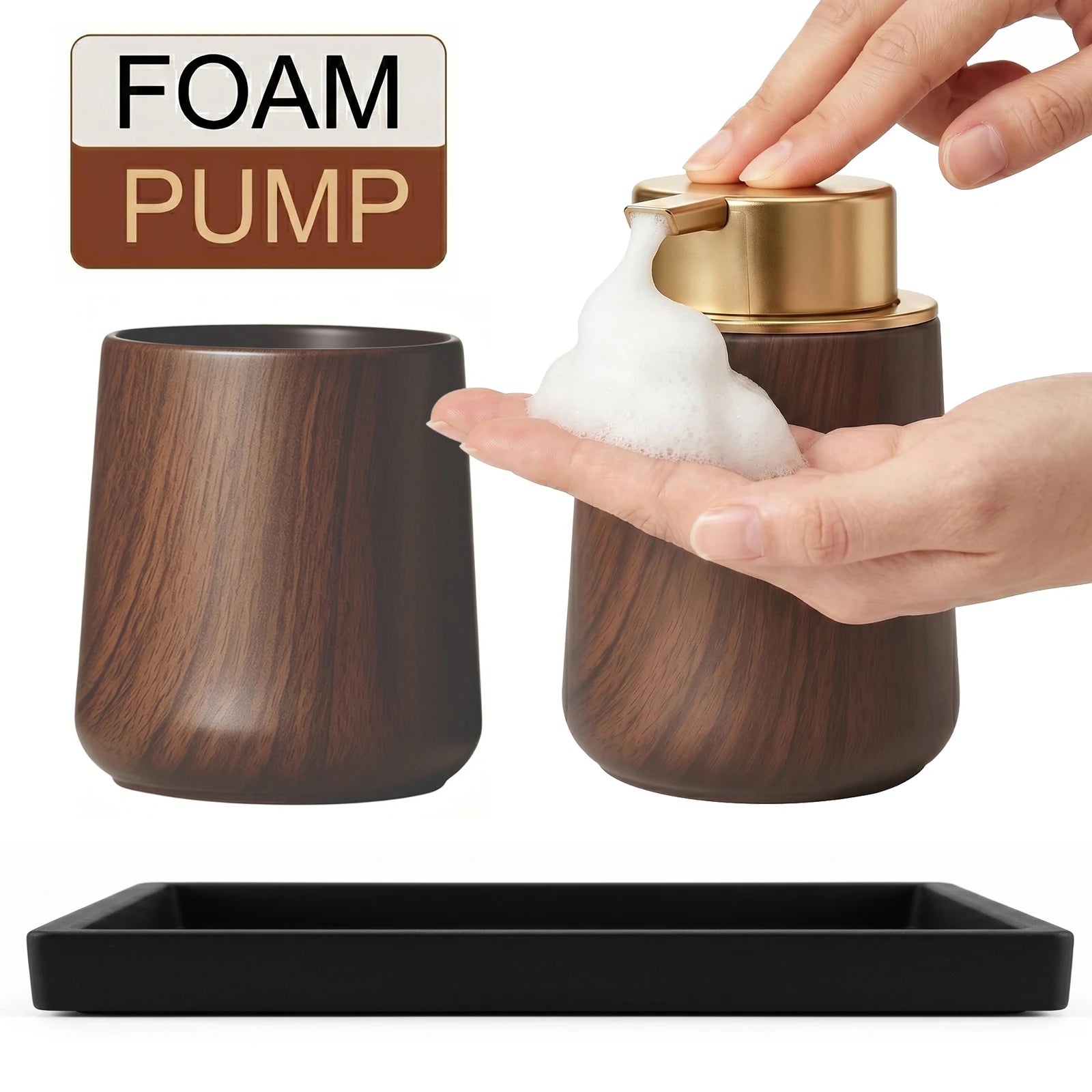 Cotton Lotion Hand Toothpaste Brush Storage Countertop Accessories Walnut Foam Soap Dispenser Bottle Set for Kitchen Bathroom