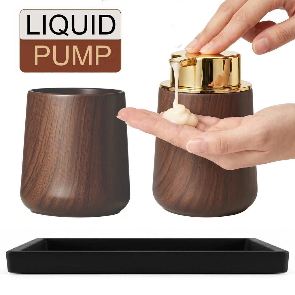 Cotton Lotion Hand Toothpaste Brush Storage Countertop Accessories Walnut Foam Soap Dispenser Bottle Set for Kitchen Bathroom