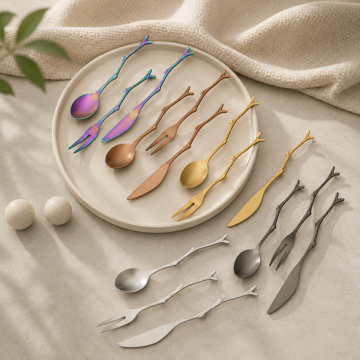 Stainless Steel Spoon Branch Pattern Knife Coffee Tea Spoon Dinnerware Cutlery Fruit Dessert Fork Stir Spoon Kitchen Accessories