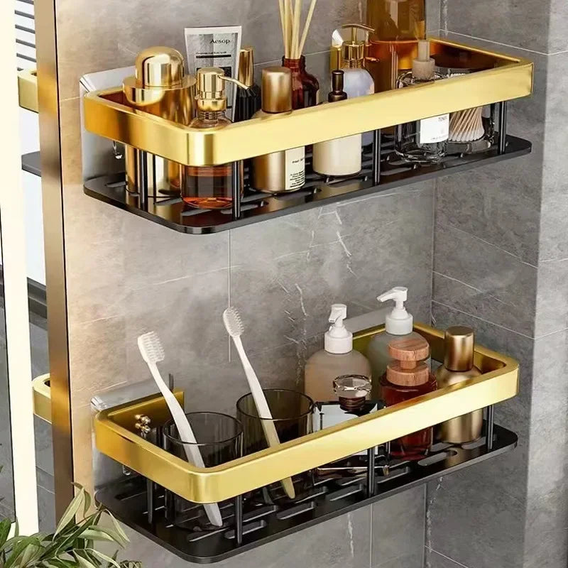 Punch Holes Black Gold Aluminum Shelves Bathroom Kitchen Storage Double Layer Space Saving Rustproof Wall Mounted Durable Design