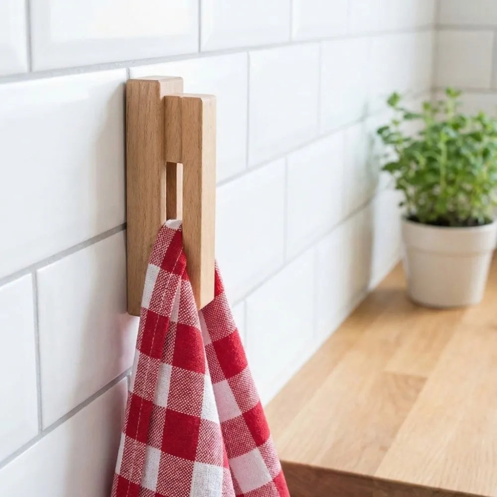 Stable Solid Wood Towel Hook No Drill Traceless Bathroom Organizer Strong Adhesive Durable Kitchen Hook Towel Organize