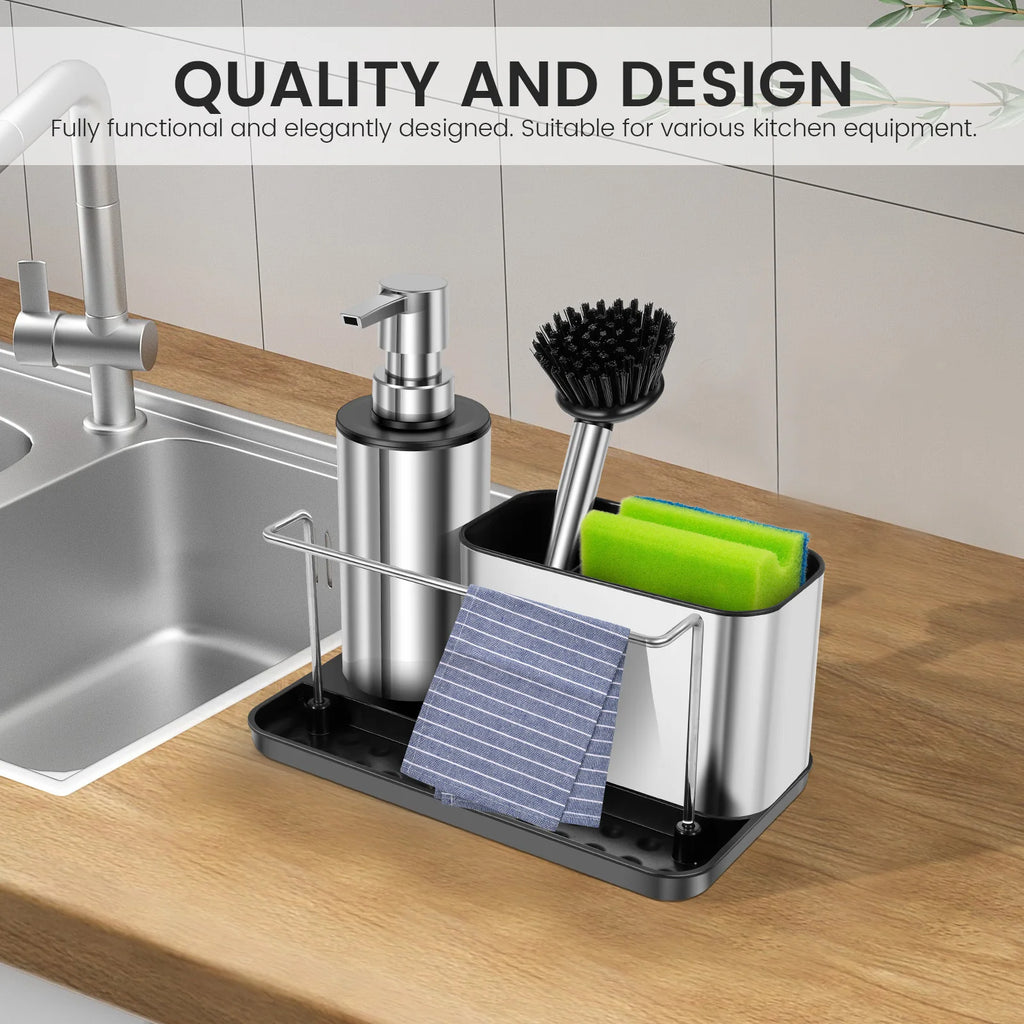 3 in1 Soap Dispenser Pump Set with Brush Sponge Holder Towel Bar Kitchen Sink Detergent Dispenser Cleaning Tool Storage