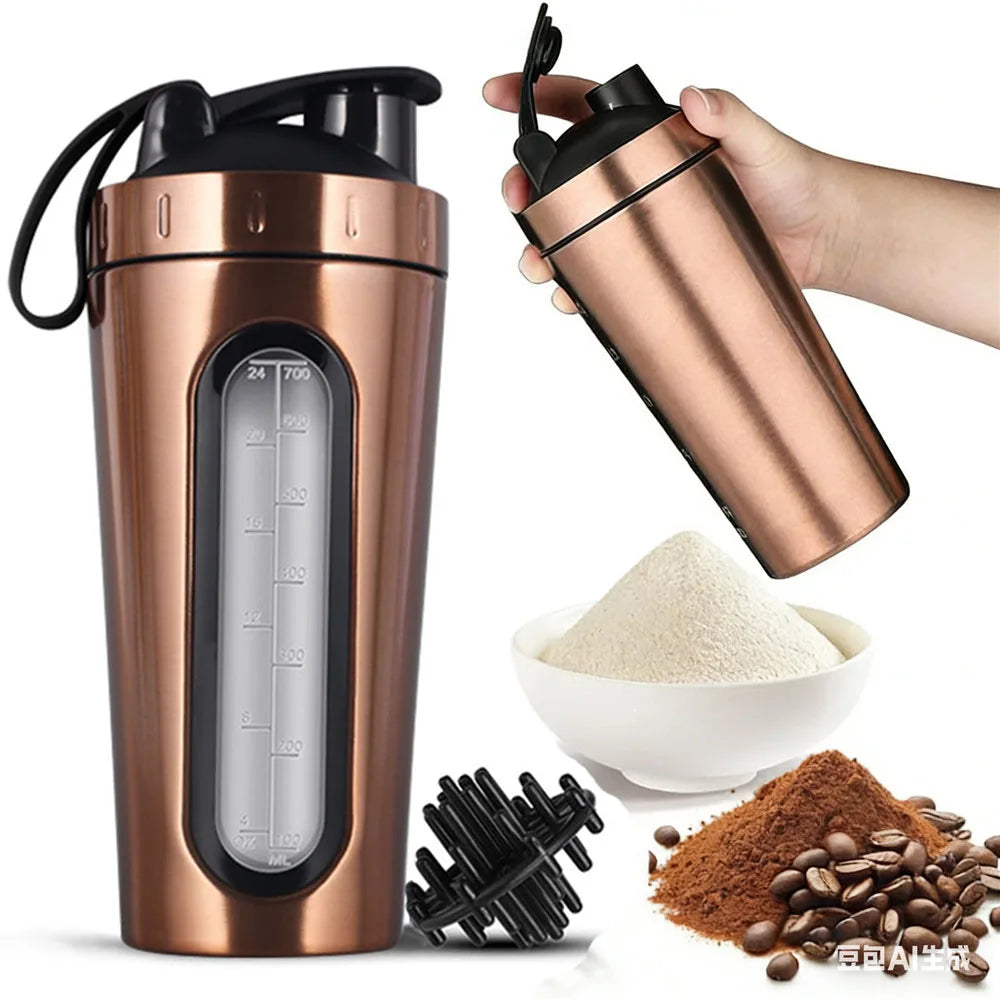 1Pc Stainless Steel Sports Water Mugs Shaker Bottles With Scale, Outdoor Gym Fitness Shake Cup Protein Powder Mixer Bottle 700ML