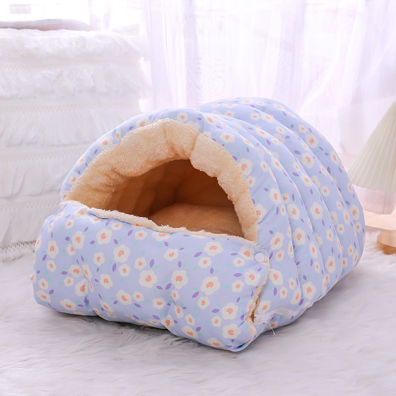 Warm Plush Cat Bed with Detachable Sleeping Bag – Cozy Hooded Pet Bed for Cats & Small Dogs