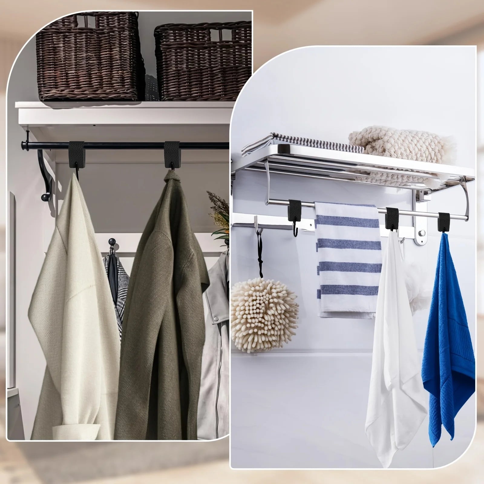 5Pcs Oval Lychee Pattern Pu Faux Leather + S-Shaped Auxiliary Hooks, Retro Fashion Creative Design Hooks, Can Support 20kg, Suitable for Home Auxiliary Hooks, Kitchen Utensil Hooks, Bathroom Storage Hooks, Multi-Functional Use, Suitable for All Seasons
