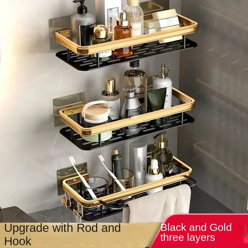 Punch Holes Black Gold Aluminum Shelves Bathroom Kitchen Storage Double Layer Space Saving Rustproof Wall Mounted Durable Design