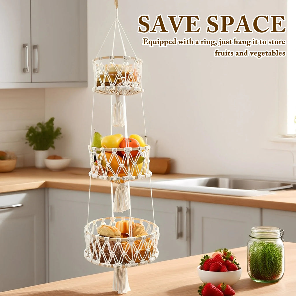 3 Tier Hanging Fruit Basket Handmade Woven Hanging Storage Basket Flower Pot Planter Hanger Garden Decoration Kitchen Basketry