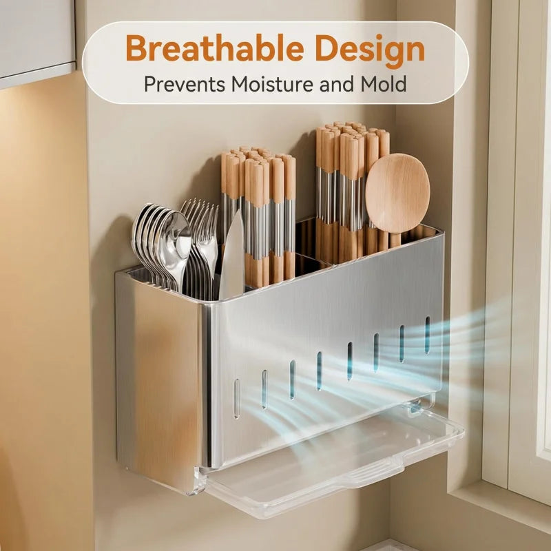 Stainless Steel Chopstick and Spoon Storage Rack Dual-Use for Wall Mounting and Countertop Detachable Drain Tray, Breathable and