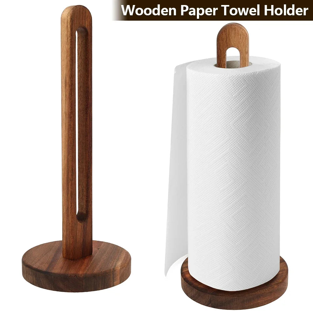 Wooden Paper Towel Holder Standing Kitchen Paper Roll Holder with Non Slip Foam Pad Bathroom Countertop Roll Paper Storage Rack