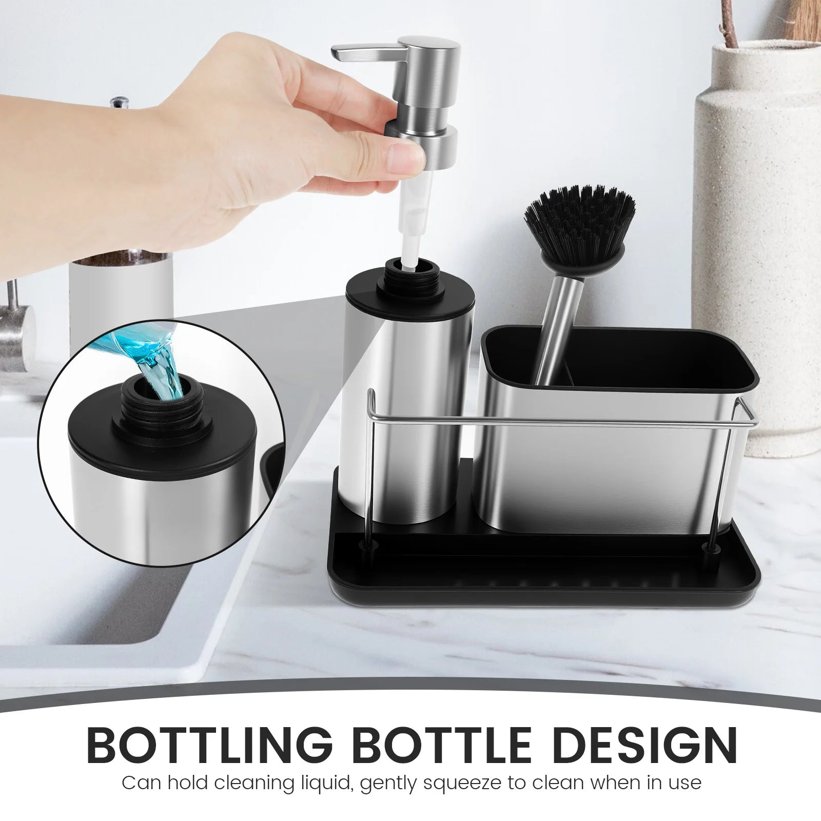 3 in1 Soap Dispenser Pump Set with Brush Sponge Holder Towel Bar Kitchen Sink Detergent Dispenser Cleaning Tool Storage