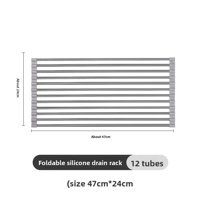 47*24cm Silicone Stainless Steel Sink Draining Rack Kitchen Roller Shutter Tableware Fruit and Vegetable Storage 12 Tubes