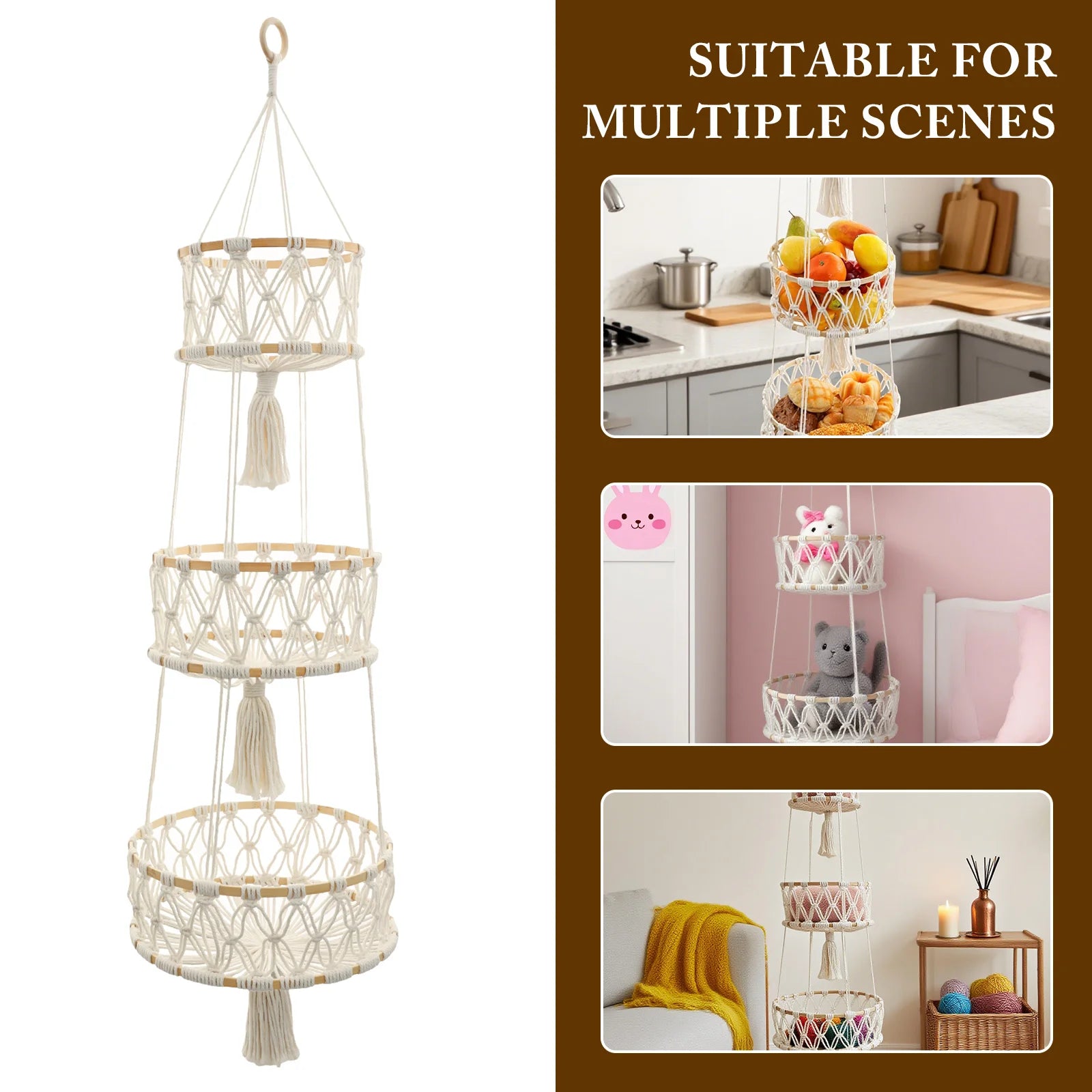 3 Tier Hanging Fruit Basket Handmade Woven Hanging Storage Basket Flower Pot Planter Hanger Garden Decoration Kitchen Basketry