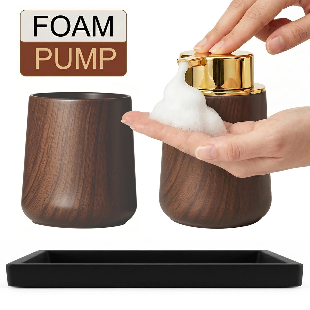 Cotton Lotion Hand Toothpaste Brush Storage Countertop Accessories Walnut Foam Soap Dispenser Bottle Set for Kitchen Bathroom