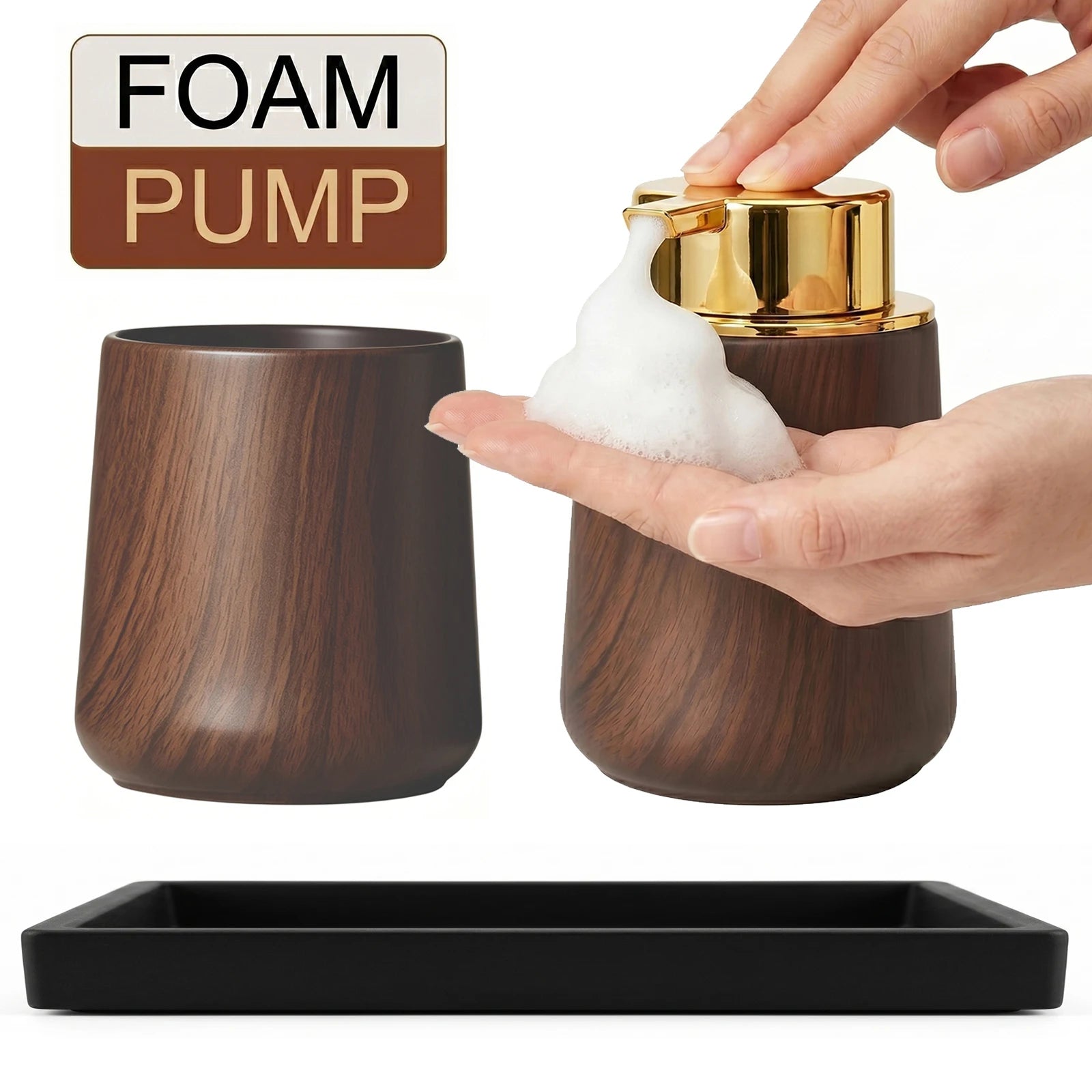 Cotton Lotion Hand Toothpaste Brush Storage Countertop Accessories Walnut Foam Soap Dispenser Bottle Set for Kitchen Bathroom