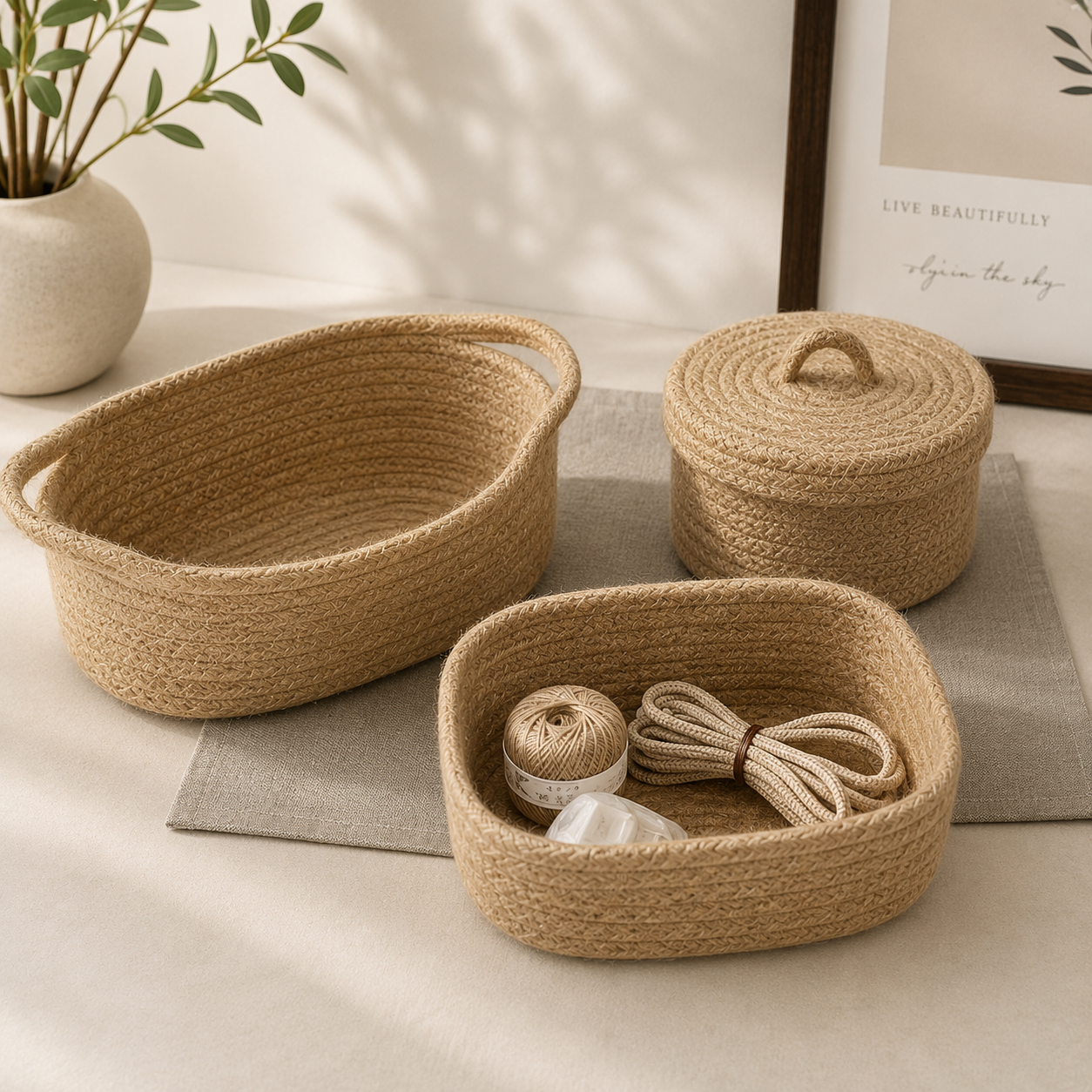 Handwoven Jute Organizer, Decorative Storage Bin, Multi-Use Craft Box, Stitching Container