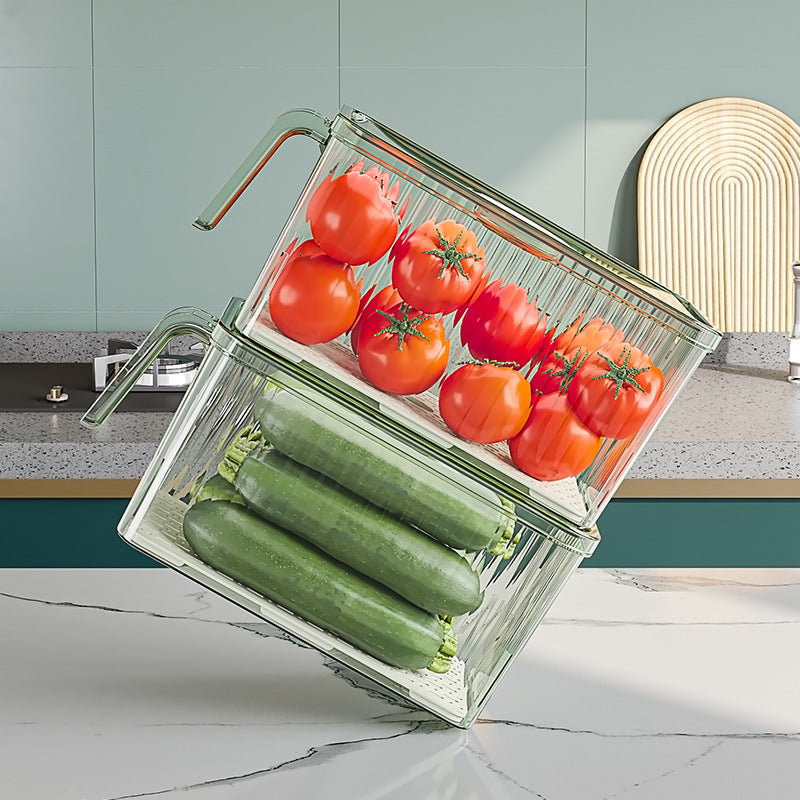 Stackable Refrigerator Storage Box with Drain Tray & Lid – Clear Food Storage Container with Handle