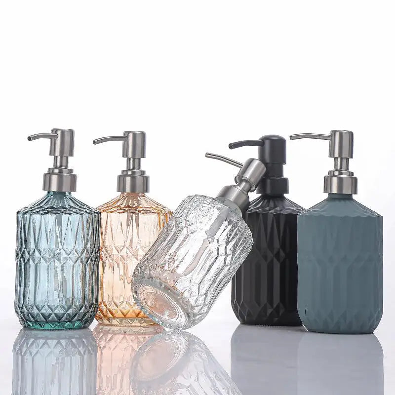 Diamond Textured Glass Soap Dispenser – 400ml Refillable Bathroom & Kitchen Pump Bottle