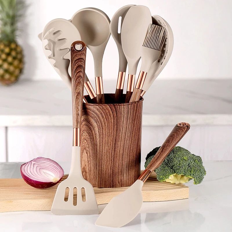 10-Piece Silicone Kitchen Utensil Set with Wooden Handles – Non-Stick Cooking Tools