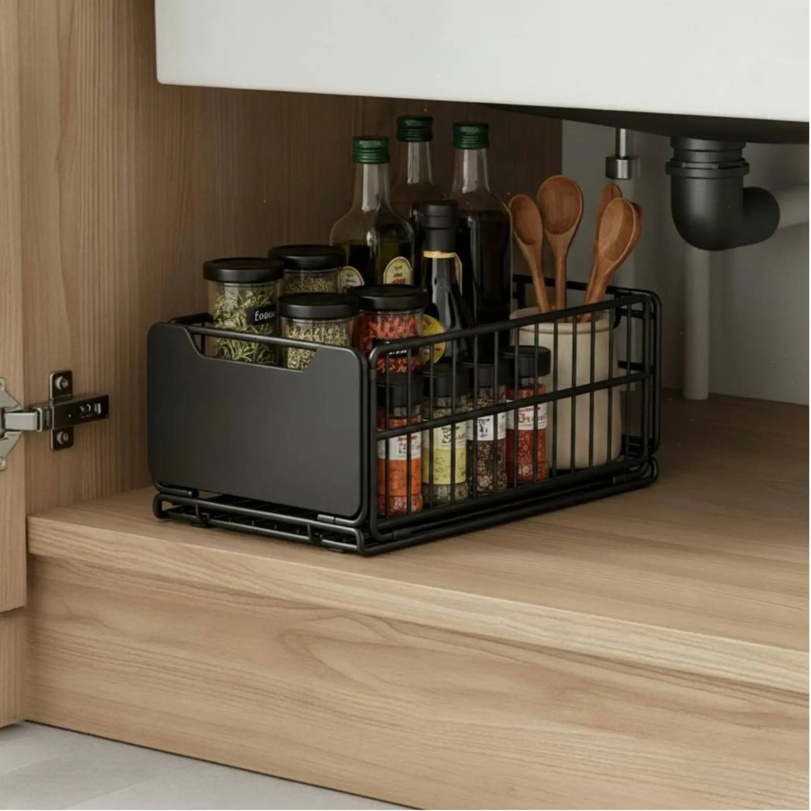 Under Sink Organizer Foldable Sliding Cabinet Basket Pull-Extendable Cabinet Drawer Effortless Gliding Kitchen Pull-Extendable