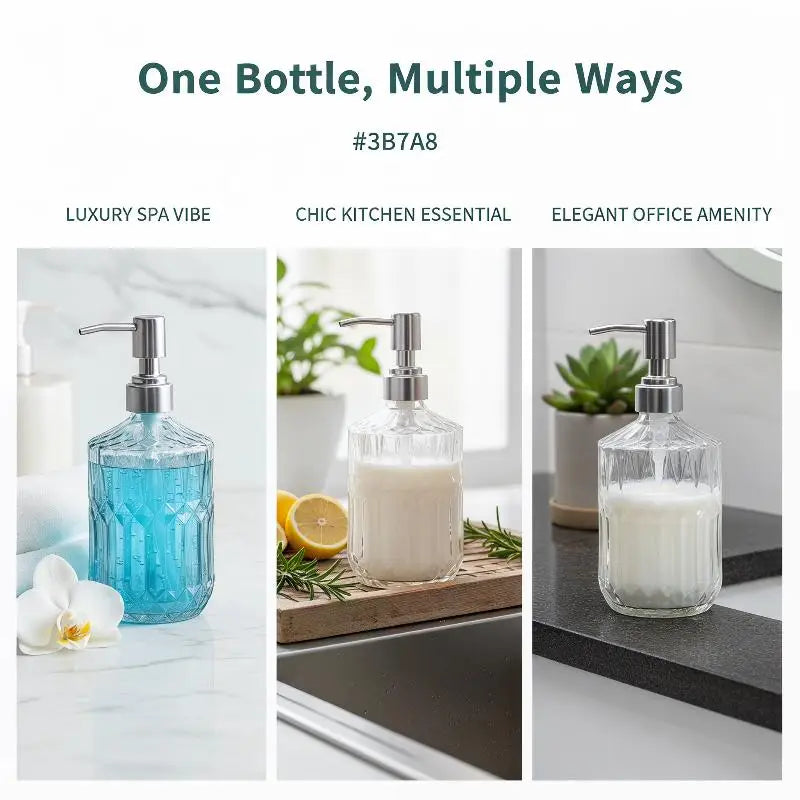 Diamond Textured Glass Hand Soap Dispenser Rustproof Pump for Bathroom Kitchen Countertop Decorative Storage Jar