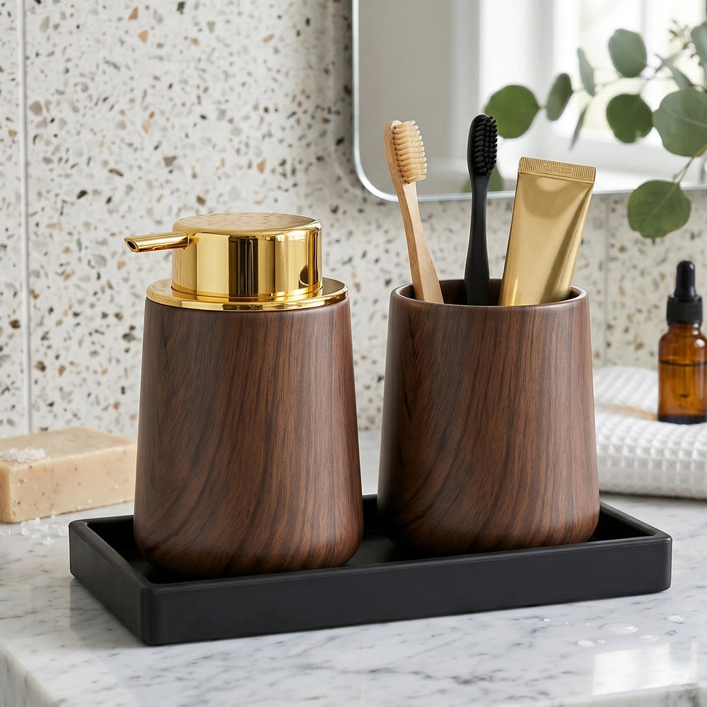 Cotton Lotion Hand Toothpaste Brush Storage Countertop Accessories Walnut Foam Soap Dispenser Bottle Set for Kitchen Bathroom