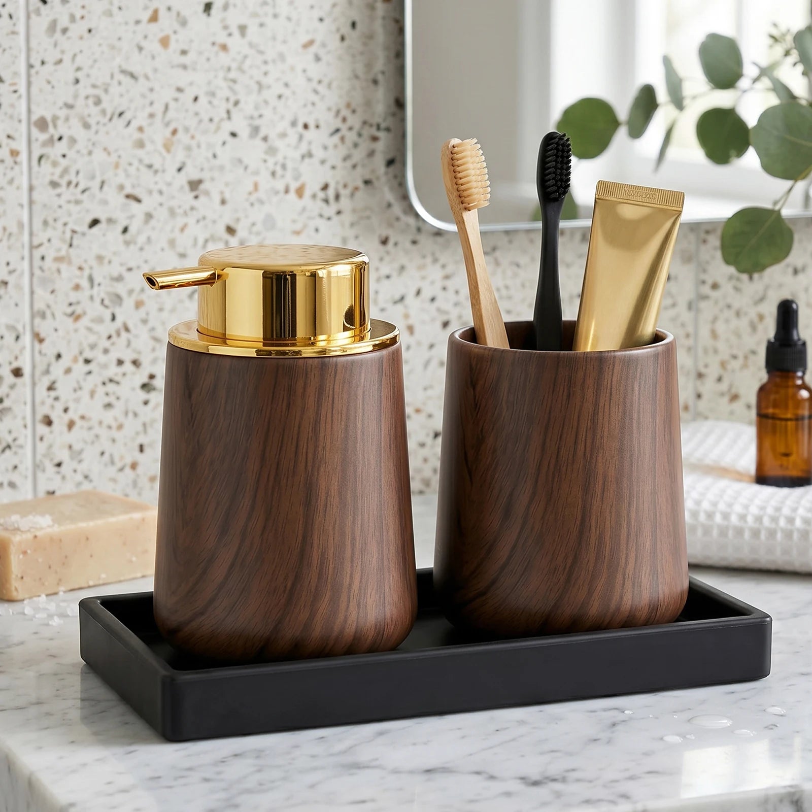 Cotton Lotion Hand Toothpaste Brush Storage Countertop Accessories Walnut Foam Soap Dispenser Bottle Set for Kitchen Bathroom