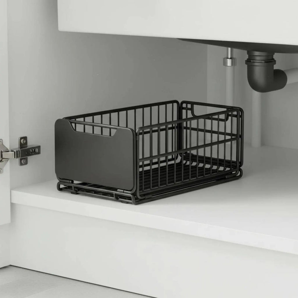 Under Sink Organizer Foldable Sliding Cabinet Basket Pull-Extendable Cabinet Drawer Effortless Gliding Kitchen Pull-Extendable