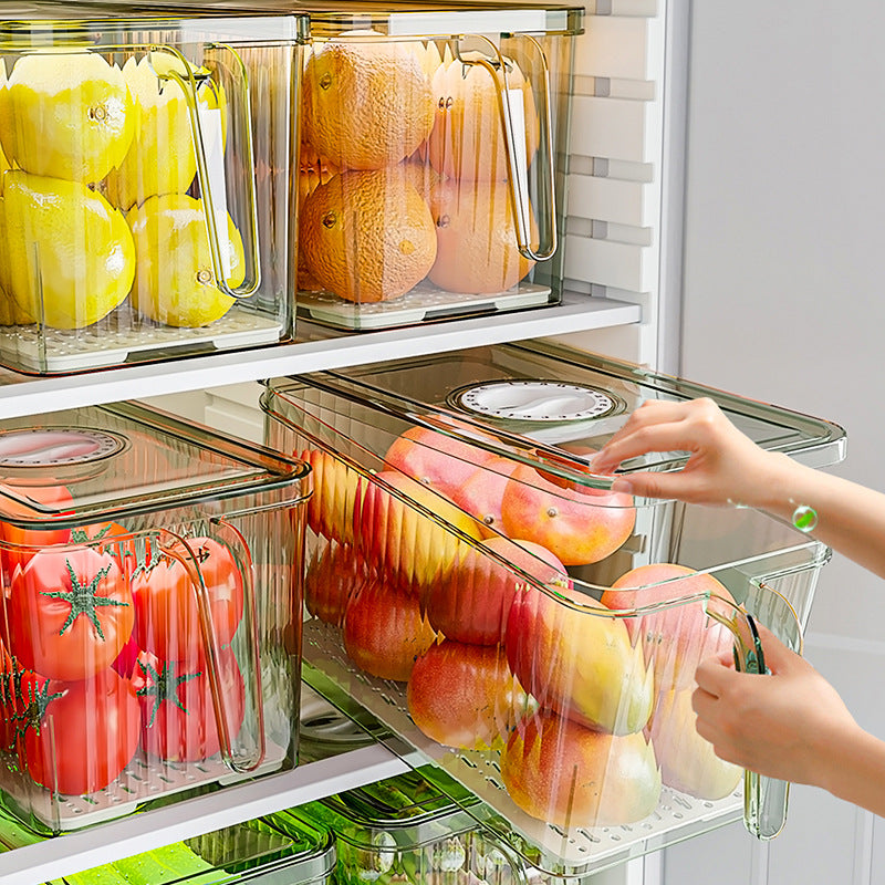 Stackable Refrigerator Storage Box with Drain Tray & Lid – Clear Food Storage Container with Handle
