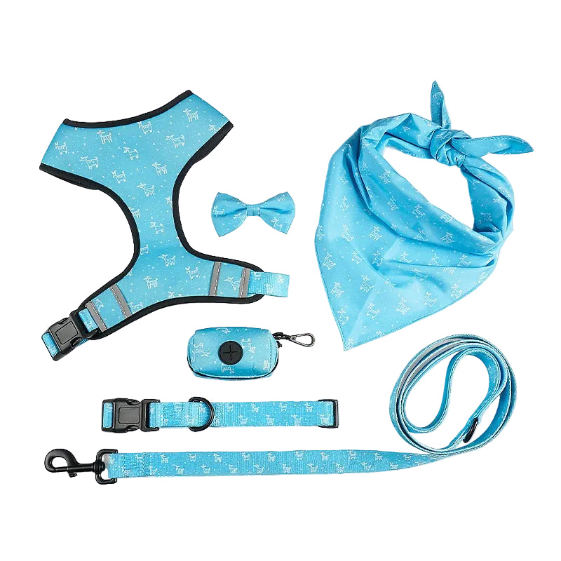 Printed 6-Piece Pet Harness & Leash Set – Adjustable Polyester Harness for Cats & Small Dogs