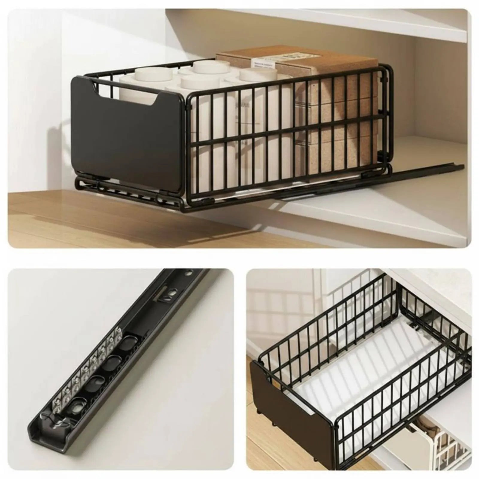 Under Sink Organizer Foldable Sliding Cabinet Basket Pull-Extendable Cabinet Drawer Effortless Gliding Kitchen Pull-Extendable