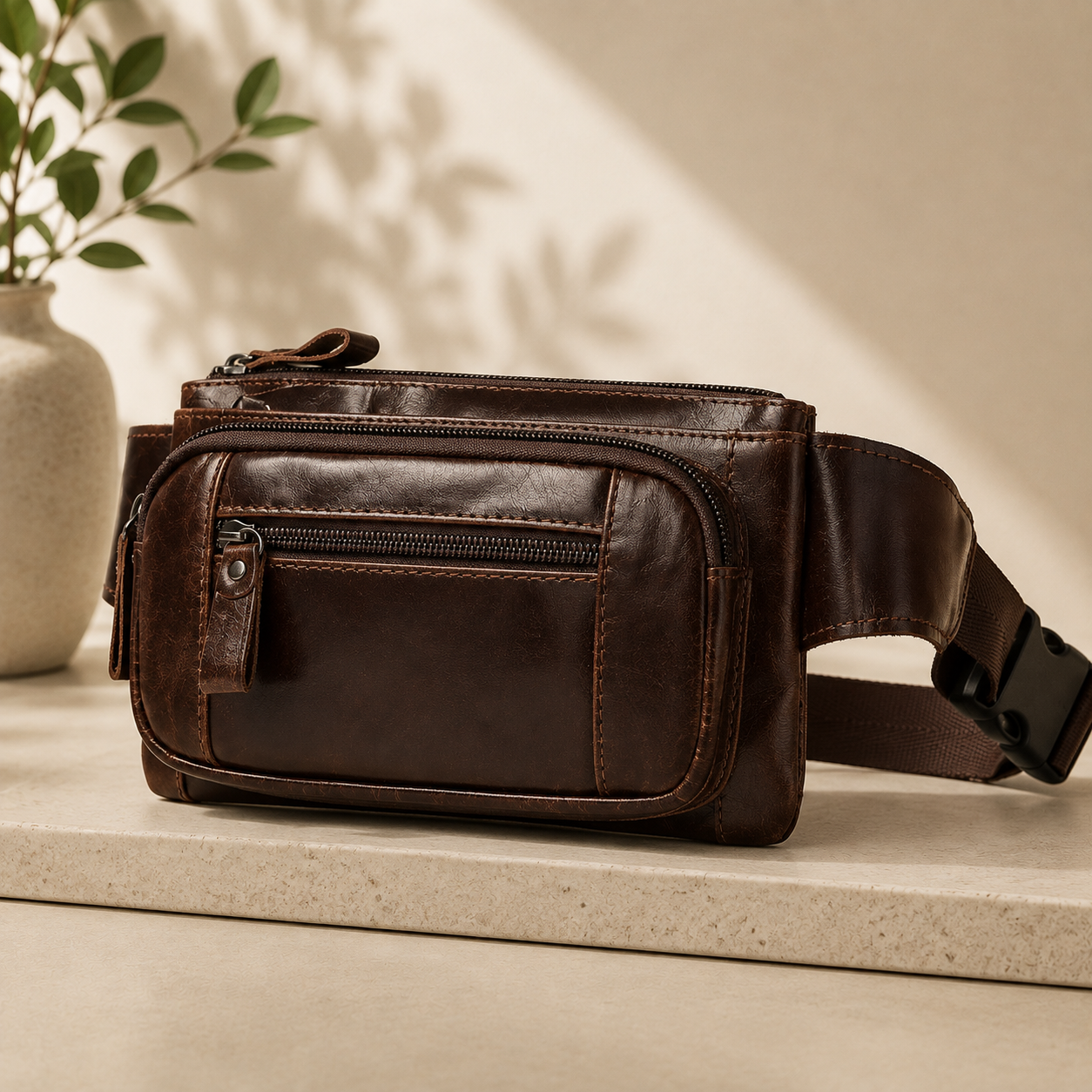 Genuine Leather Men's Waist Bag – Top Grain Cowhide Crossbody Chest & Sling Bag