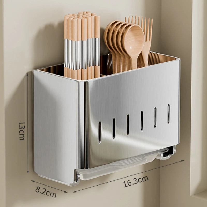 Stainless Steel Chopstick and Spoon Storage Rack Dual-Use for Wall Mounting and Countertop Detachable Drain Tray, Breathable and