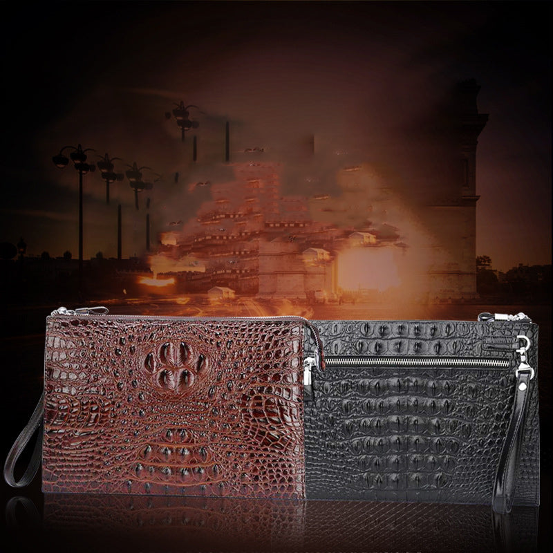 Men's Genuine Leather Underarm Bag – Crocodile Embossed Cowhide Clutch with Zipper