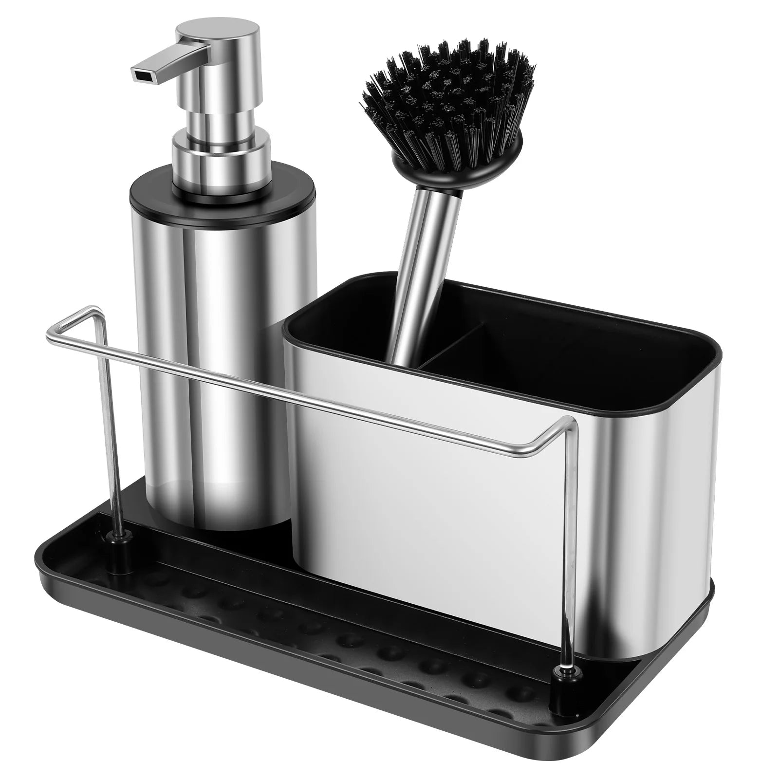 3 in1 Soap Dispenser Pump Set with Brush Sponge Holder Towel Bar Kitchen Sink Detergent Dispenser Cleaning Tool Storage