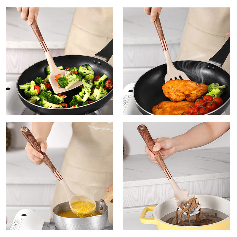 10-Piece Silicone Kitchen Utensil Set with Wooden Handles – Non-Stick Cooking Tools