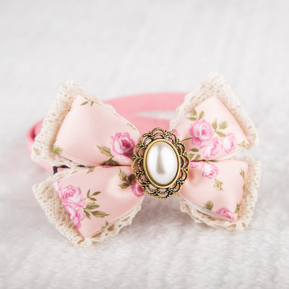 Adjustable Floral Lace Pet Bow Tie Collar – Elegant Diamond Lace Bow Tie for Cats & Dogs