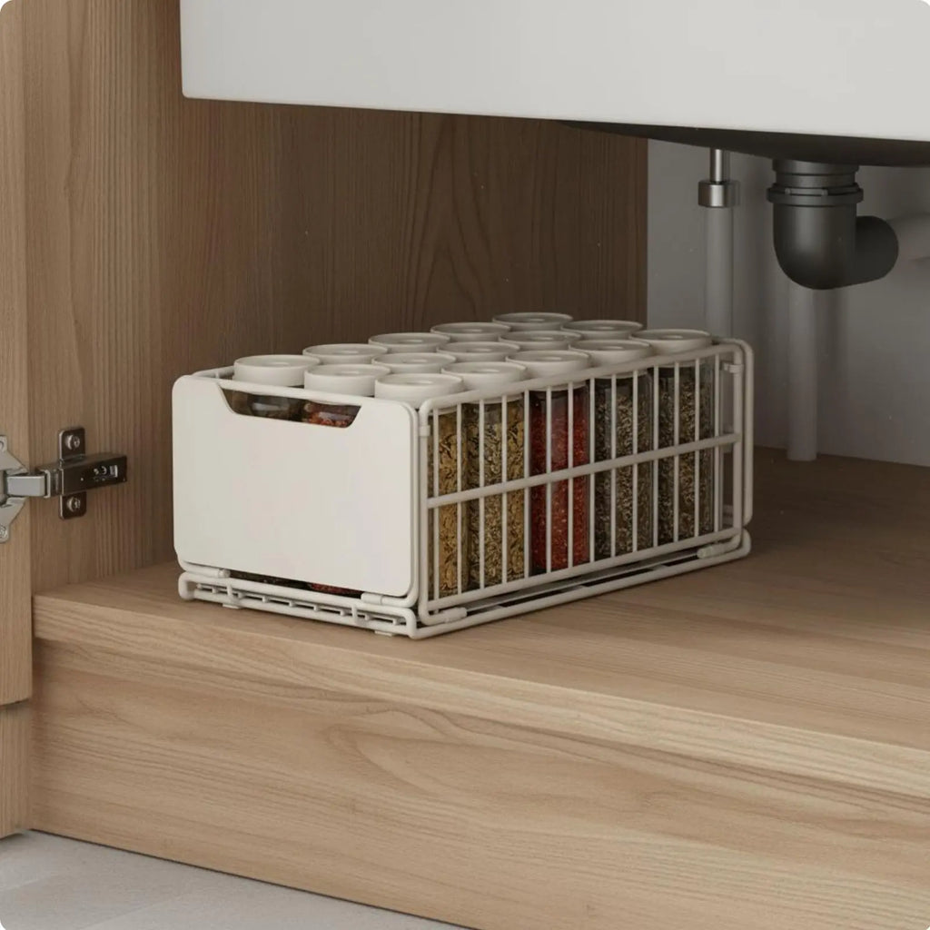Under Sink Organizer Foldable Sliding Cabinet Basket Pull-Extendable Cabinet Drawer Effortless Gliding Kitchen Pull-Extendable