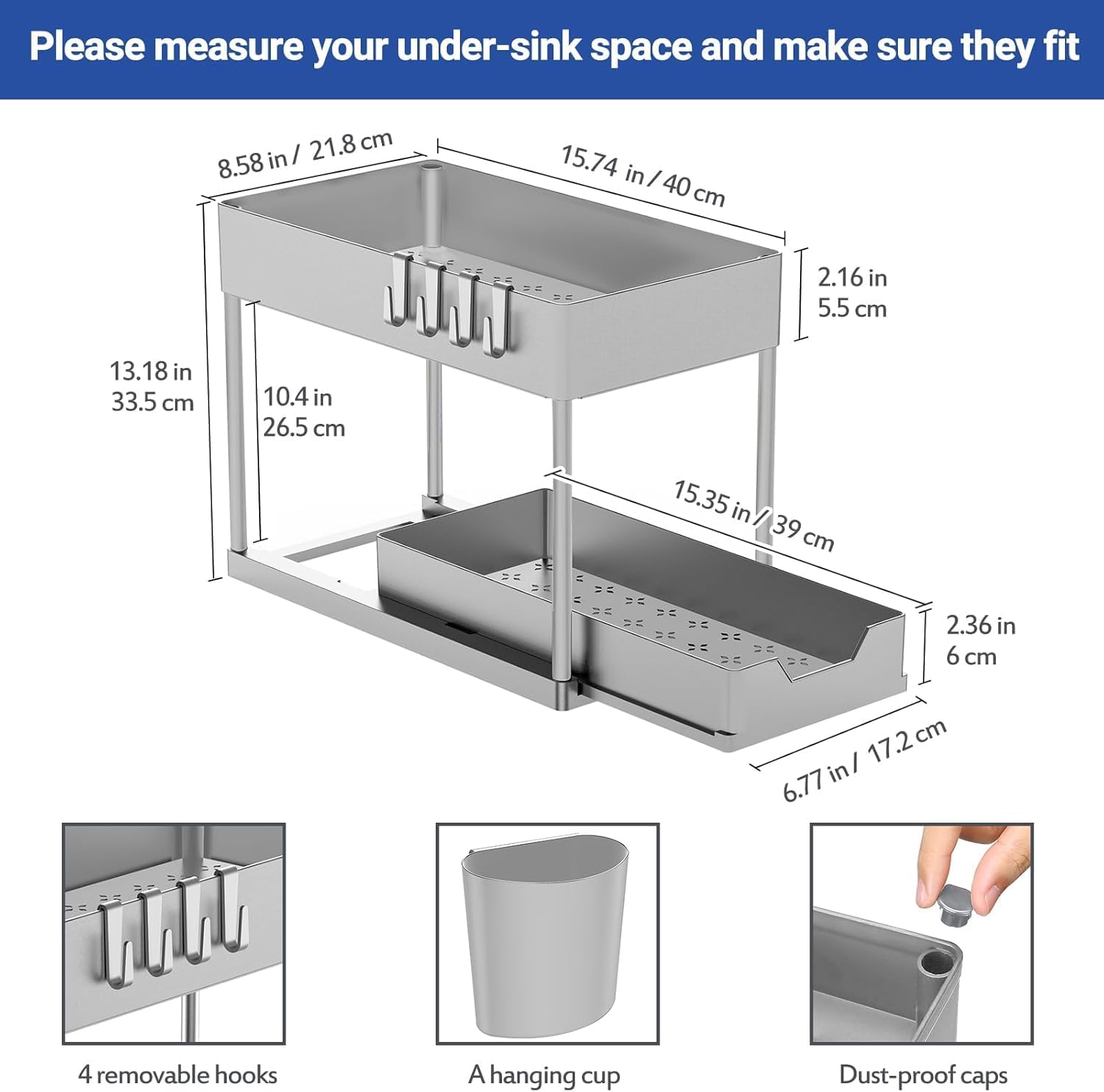 حامل تخزين بطبقتين وادراج قابلة للسحب من بيوريكون، متعدد الوظائف، لتنظيم لوازم المطبخ والحمام والغسيل، يوضع على الطاولة او تحت حوض المطبخ، لون اسود