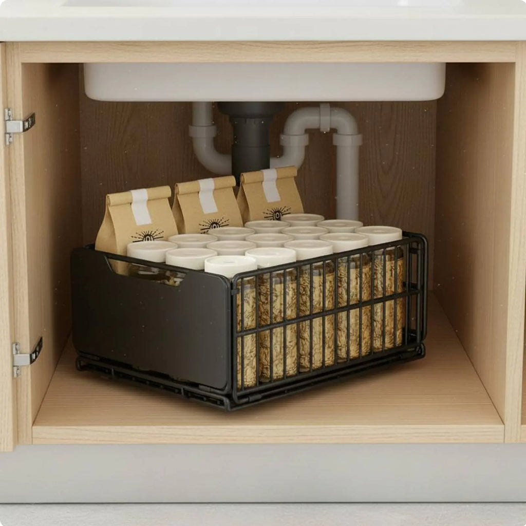 Under Sink Organizer Foldable Sliding Cabinet Basket Pull-Extendable Cabinet Drawer Effortless Gliding Kitchen Pull-Extendable