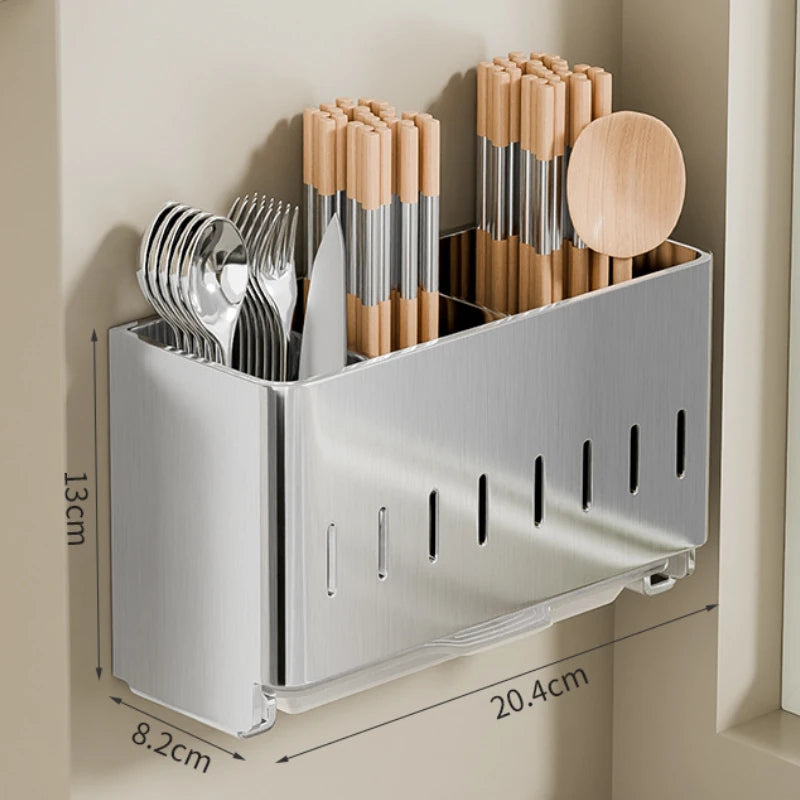 Stainless Steel Chopstick and Spoon Storage Rack Dual-Use for Wall Mounting and Countertop Detachable Drain Tray, Breathable and