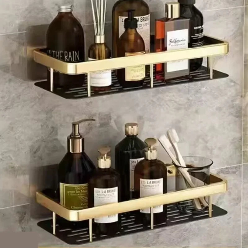 Punch Holes Black Gold Aluminum Shelves Bathroom Kitchen Storage Double Layer Space Saving Rustproof Wall Mounted Durable Design
