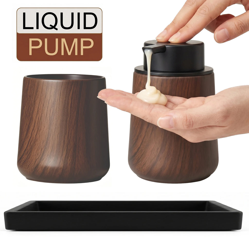 Cotton Lotion Hand Toothpaste Brush Storage Countertop Accessories Walnut Foam Soap Dispenser Bottle Set for Kitchen Bathroom
